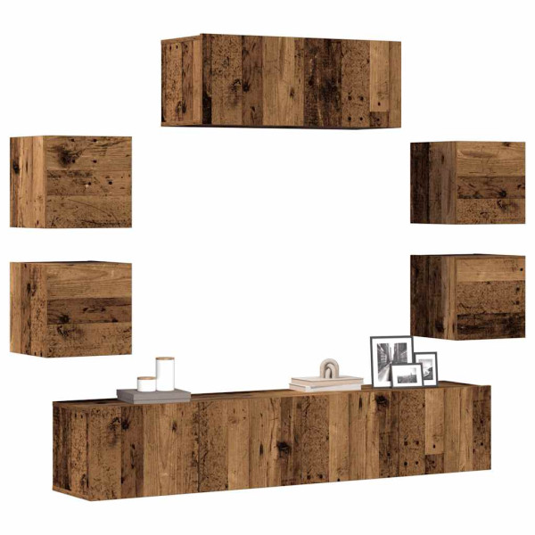 Conjunto de mueble de TV 7 piezas montado la pared madera vieja Conjunto de mueble de TV 7 piezas montado la pared madera vieja D