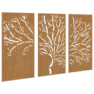 Adorno pared jardín 3 pzas acero corten diseño árbol 105x55 cm H