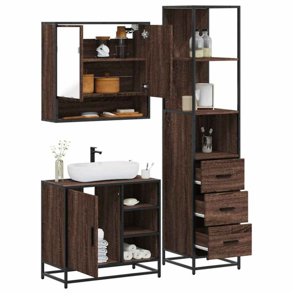 Set de muebles baño 3 pzas madera contrachapada roble marrón Set de muebles baño 3 pzas madera contrachapada roble marrón D