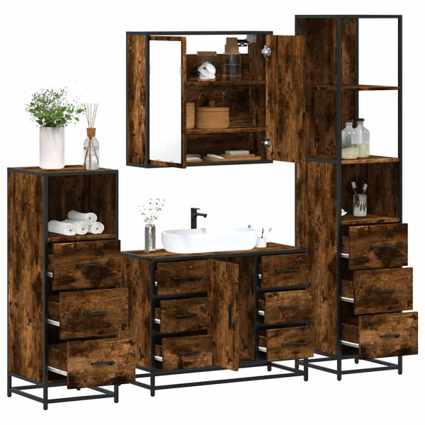 Set de muebles baño 4 pzas madera contrachapada roble ahumado Set de muebles baño 4 pzas madera contrachapada roble ahumado D