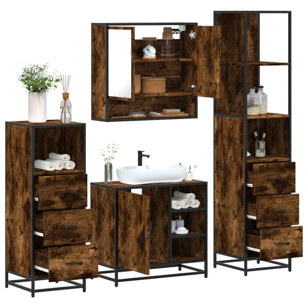Set de muebles baño 4 pzas madera contrachapada roble ahumado Set de muebles baño 4 pzas madera contrachapada roble ahumado D