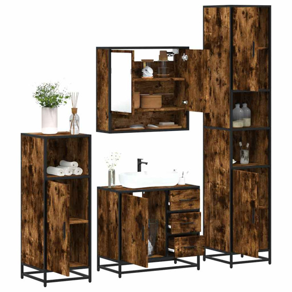 Set de muebles baño 4 pzas madera contrachapada roble ahumado Set de muebles baño 4 pzas madera contrachapada roble ahumado D