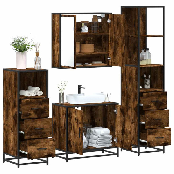 Set de muebles baño 4 pzas madera contrachapada roble ahumado Set de muebles baño 4 pzas madera contrachapada roble ahumado D