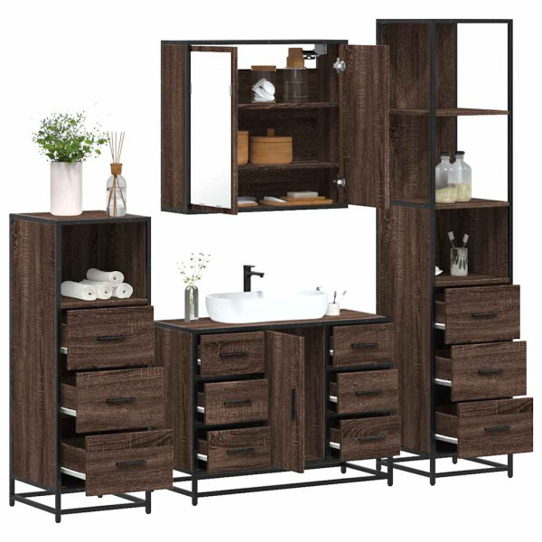 Set de muebles baño 4 pzas madera contrachapada roble marrón Set de muebles baño 4 pzas madera contrachapada roble marrón D