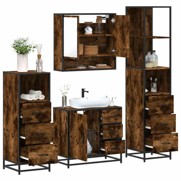Set de muebles baño 4 pzas madera contrachapada roble ahumado Set de muebles baño 4 pzas madera contrachapada roble ahumado D