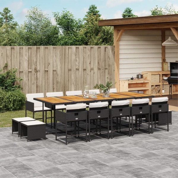 Set comedor de jardín con cojines 15 pzas ratán sintético negro D