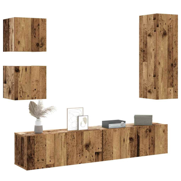 Conjunto de mueble de TV 5 piezas montado la pared madera vieja Conjunto de mueble de TV 5 piezas montado la pared madera vieja D