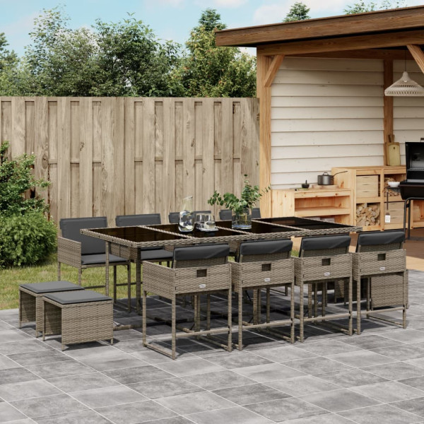 Set comedor de jardín con cojines 13 pzas ratán sintético gris D