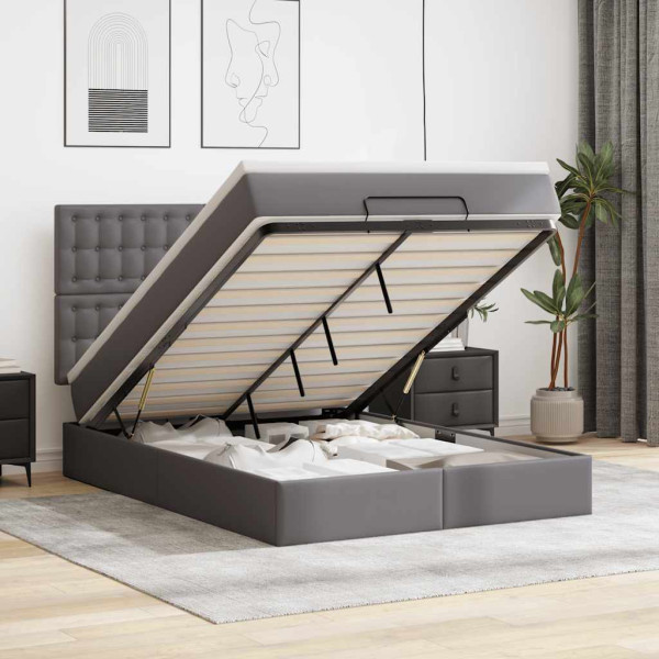 Estructura cama otomana colchón cuero sintético gris 140x200cm Estructura cama otomana colchón cuero sintético gris 140x200cm D