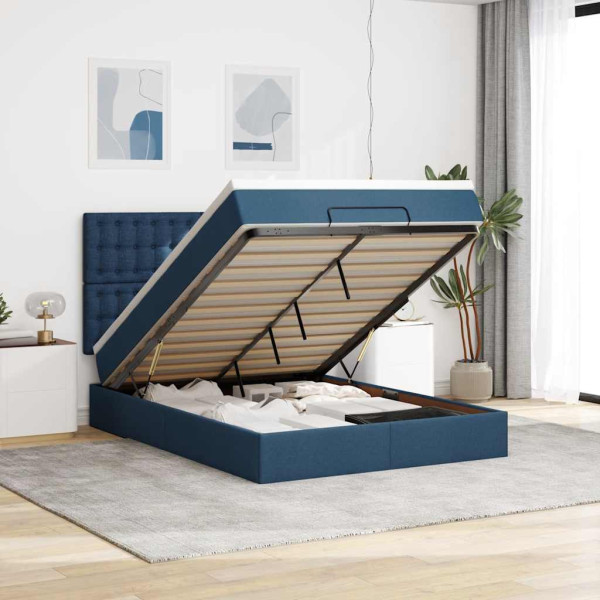 Estructura de cama otomana colchón tela azul pardo 140x200cm Estructura de cama otomana colchón tela azul pardo 140x200cm D
