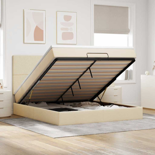 Estructura de cama otomana con colchón tela crema 160x200cm Estructura de cama otomana con colchón tela crema 160x200cm D