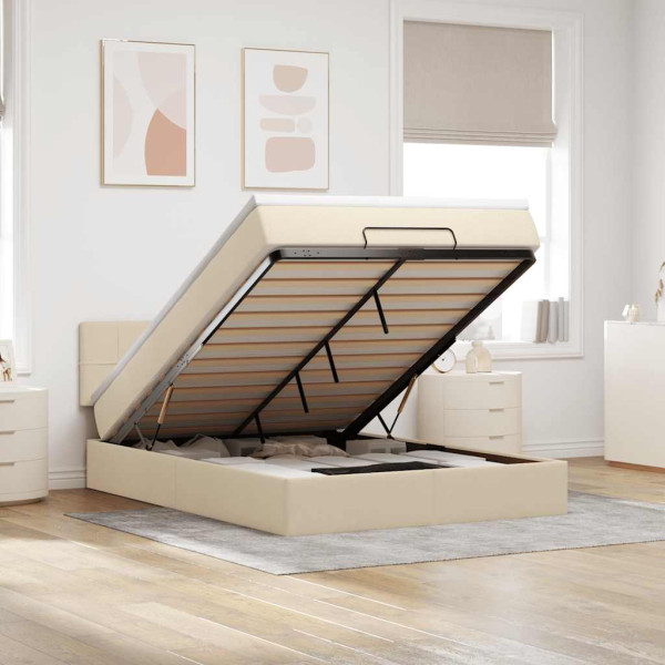 Estructura de cama otomana con colchón tela crema 140x200cm Estructura de cama otomana con colchón tela crema 140x200cm D