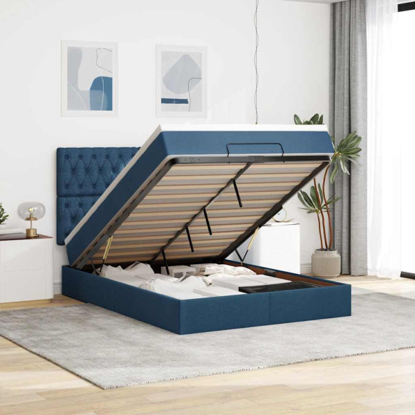 Estructura de cama otomana colchón tela azul pardo 140x200cm Estructura de cama otomana colchón tela azul pardo 140x200cm D