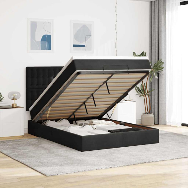 Estructura de cama otomana con colchones terciopelo negro Estructura de cama otomana con colchones terciopelo negro D