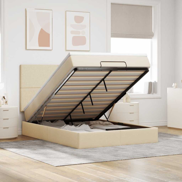 Estructura de cama otomana con colchón tela crema 140x190cm Estructura de cama otomana con colchón tela crema 140x190cm D
