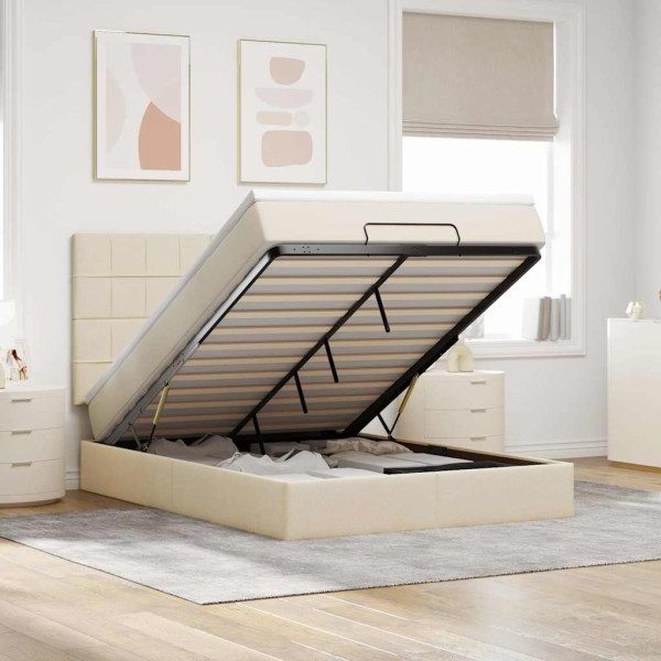 Estructura de cama otomana con colchón tela crema 140x190cm Estructura de cama otomana con colchón tela crema 140x190cm D