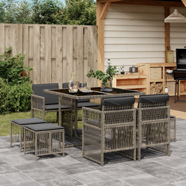 Set comedor jardín 9 pzas y cojines ratán sintético gris D