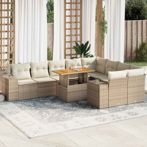 Set sofás jardín y cojines 10 pzas ratán sintético acacia beige D