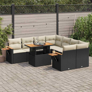 Set sofás jardín y cojines 9 pzas ratán sintético acacia negro D