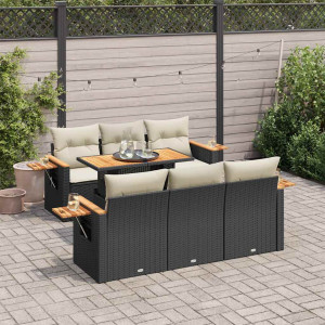 Set sofás jardín y cojines 7 pzas ratán sintético acacia negro D