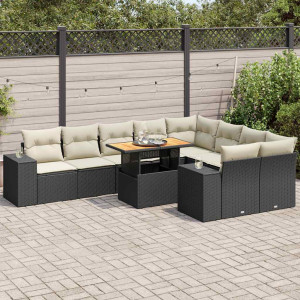Set sofás jardín y cojines 10 pzas ratán sintético acacia negro D