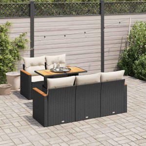 Set sofás jardín y cojines 6 pzas ratán sintético acacia negro D