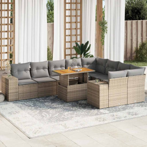 Set sofás jardín y cojines 10 pzas ratán sintético acacia beige D