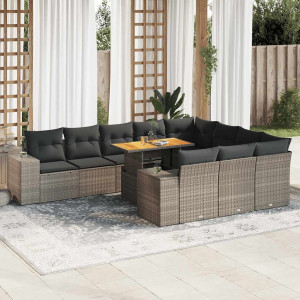 Set sofás jardín y cojines 10 pzas ratán sintético acacia gris D