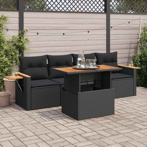 Set sofás jardín y cojines 5 pzas ratán sintético acacia negro D