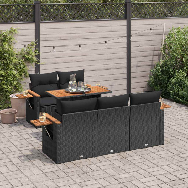 Set sofás jardín y cojines 6 pzas ratán sintético acacia negro D