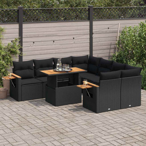 Set sofás jardín y cojines 9 pzas ratán sintético acacia negro Set sofás jardín y cojines 9 pzas ratán sintético acacia negro D