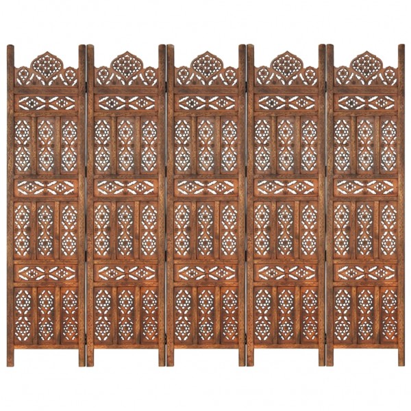Biombo 5 paneles tallado a mano madera mango marrón 200x165 cm D