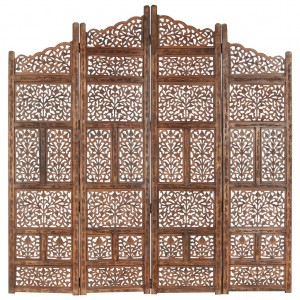 Biombo 4 paneles tallado a mano madera mango marrón 160x165 cm D