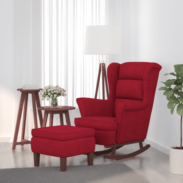 Sillón mecedora patas madera y taburete terciopelo rojo vino D