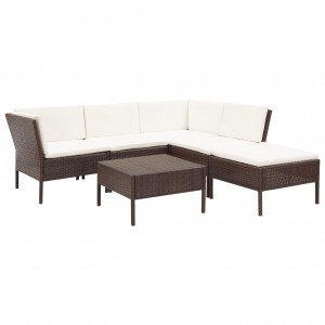 Set muebles de jardín 6 piezas y cojines ratán sintético marrón D