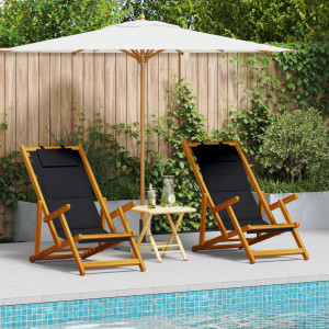Sillas de playa plegables  2 pcs Negro Madera maciza de Acacia y Textileno D