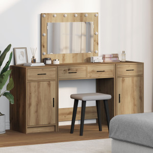 Set de Mesa de Maquillaje de 3 Piezas  con LED de Madera Elaborada en Roble Artesanal D