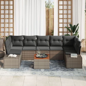 Conjunto de Sofá de Jardín de 8 Piezas con Cojines Gris Ratán Poli Acacia D