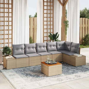 Conjunto de sofá de jardín de 7 piezas con cojines Beige Poliratán Acacia D