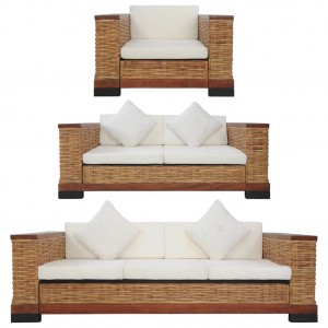 Conjunto de sofá de 3 peças em rattan natural castanho com almofadas D