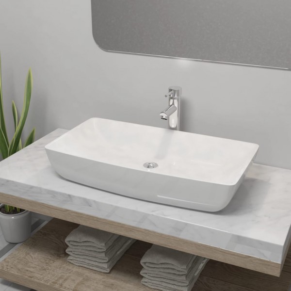 Lavabo de baño rectangular con grifo mezclador cerámica blanco D
