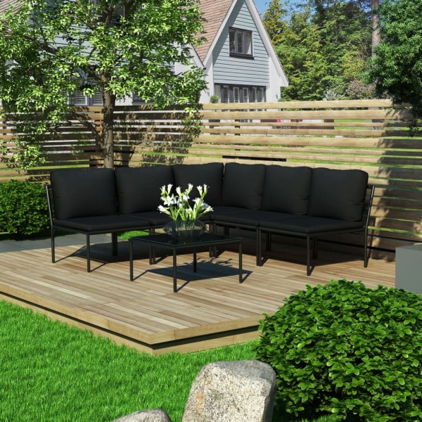 Conjunto de móveis de jardim 6 peças com almofadas PVC preto D