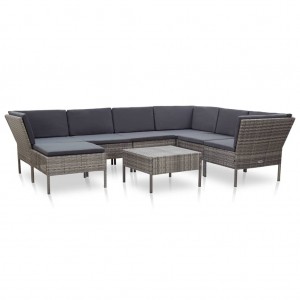 Set de muebles de jardín 8 pzas y cojines ratán sintético gris D