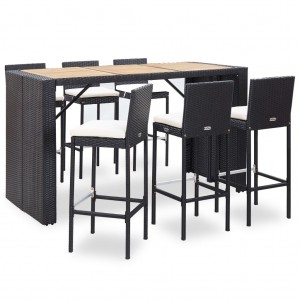 Set muebles bar jardín 7 piezas y cojines ratán sintético negro D