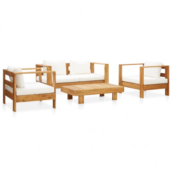Muebles de jardín 4 pzas con cojines madera maciza acacia crema D