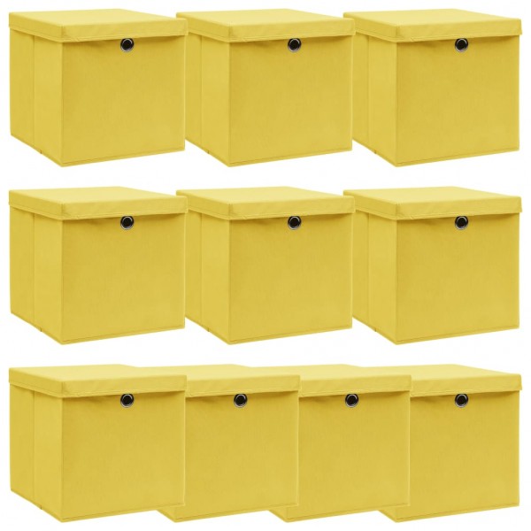 Cajas de almacenaje con tapas 10 uds tela amarillo 32x32x32 cm