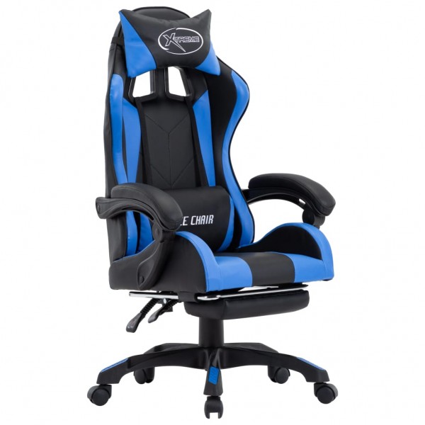 Cadeira de jogos com apoio de pés de couro sintético azul e preto D