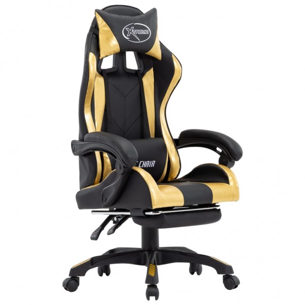 Cadeira de jogos com apoio de pés de couro sintético preto e dourado D