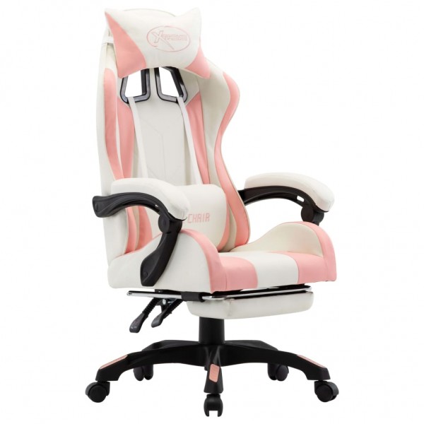 Silla gaming con reposapiés cuero sintético rosa y blanco D