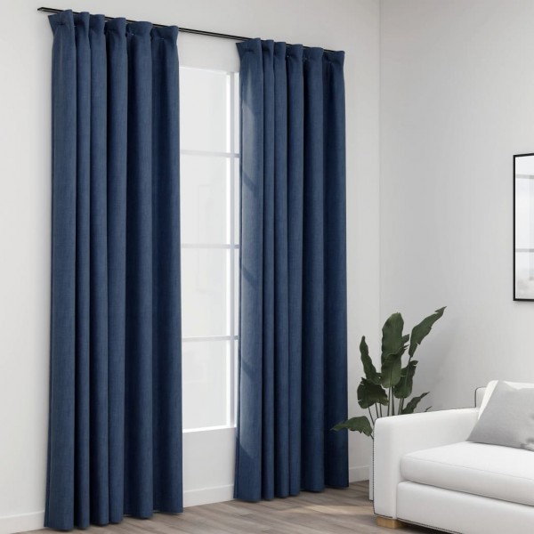 Cortinas opacas con ganchos look de lino 2 pzas azul 140x225 cm D